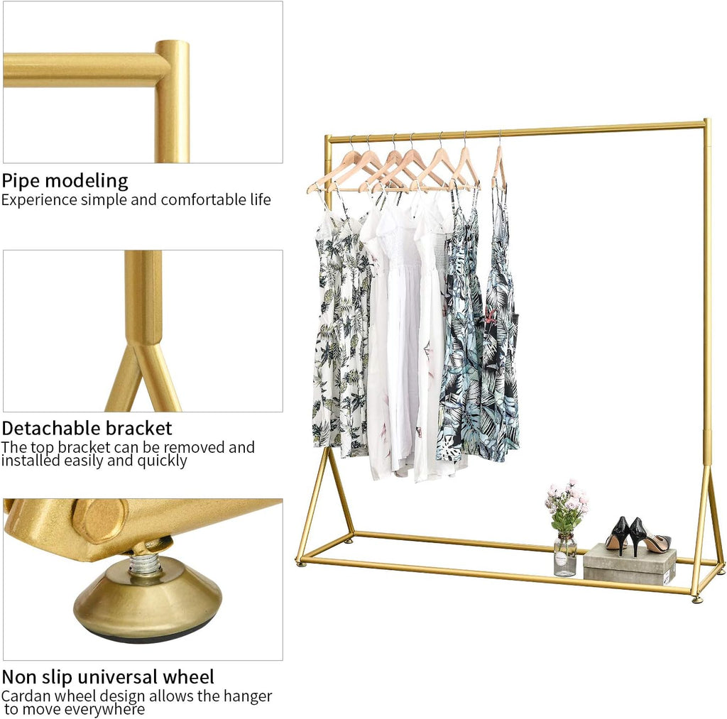 Gold Pipe Clothing Racks Freestanding, Modern Metal Clothes Rack Heavy Duty, Easy Assemble Clothing Rack for Hanging Boutiques and Bedroom 59' L