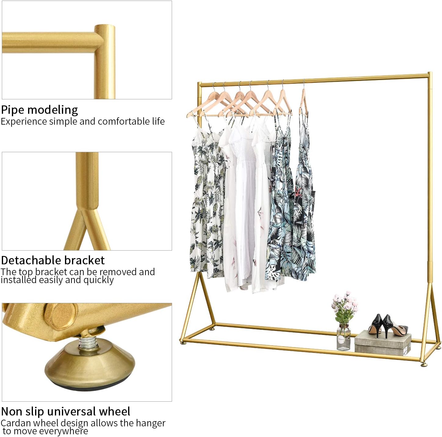 Gold Pipe Clothing Racks Freestanding, Modern Metal Clothes Rack Heavy Duty, Easy Assemble Clothing Rack for Hanging Boutiques and Bedroom 59' L