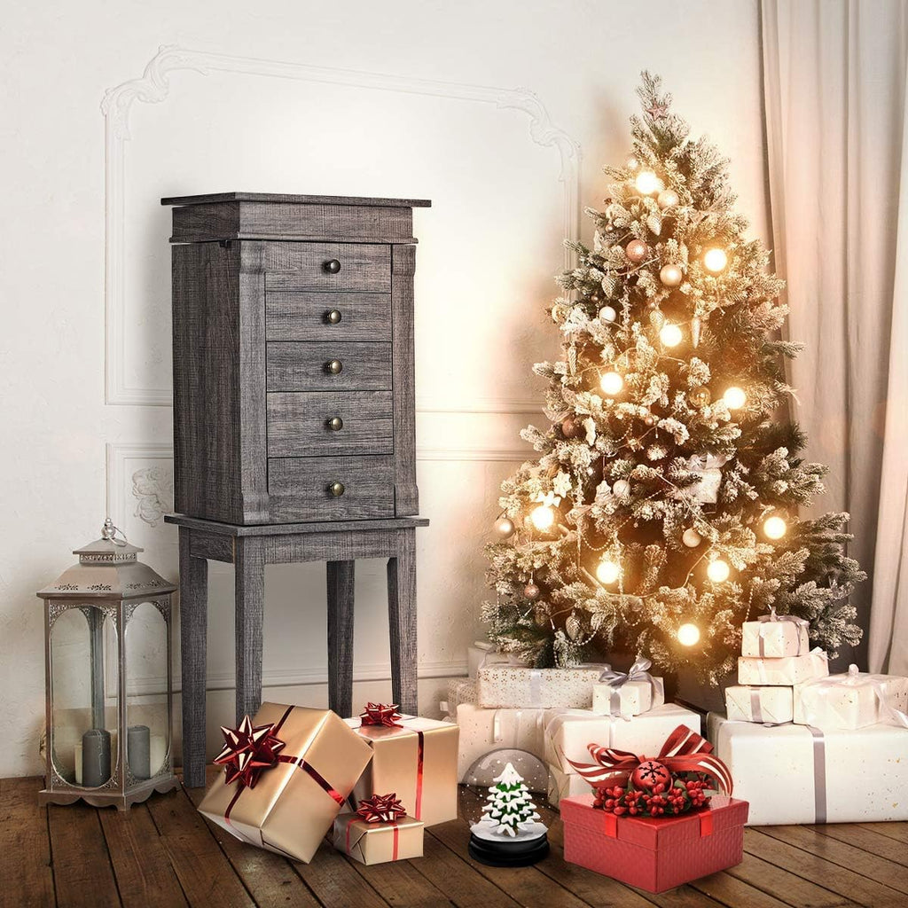 HOMGX 5 Drawers Jewelry Armoire Cabinet, Standing Jewelry Storage Chest with Mirror, 8 Necklace Hooks Wooden Jewelry Organizer, Bedroom Jewelry Furniture with 2 Side Swing Doors, Grey