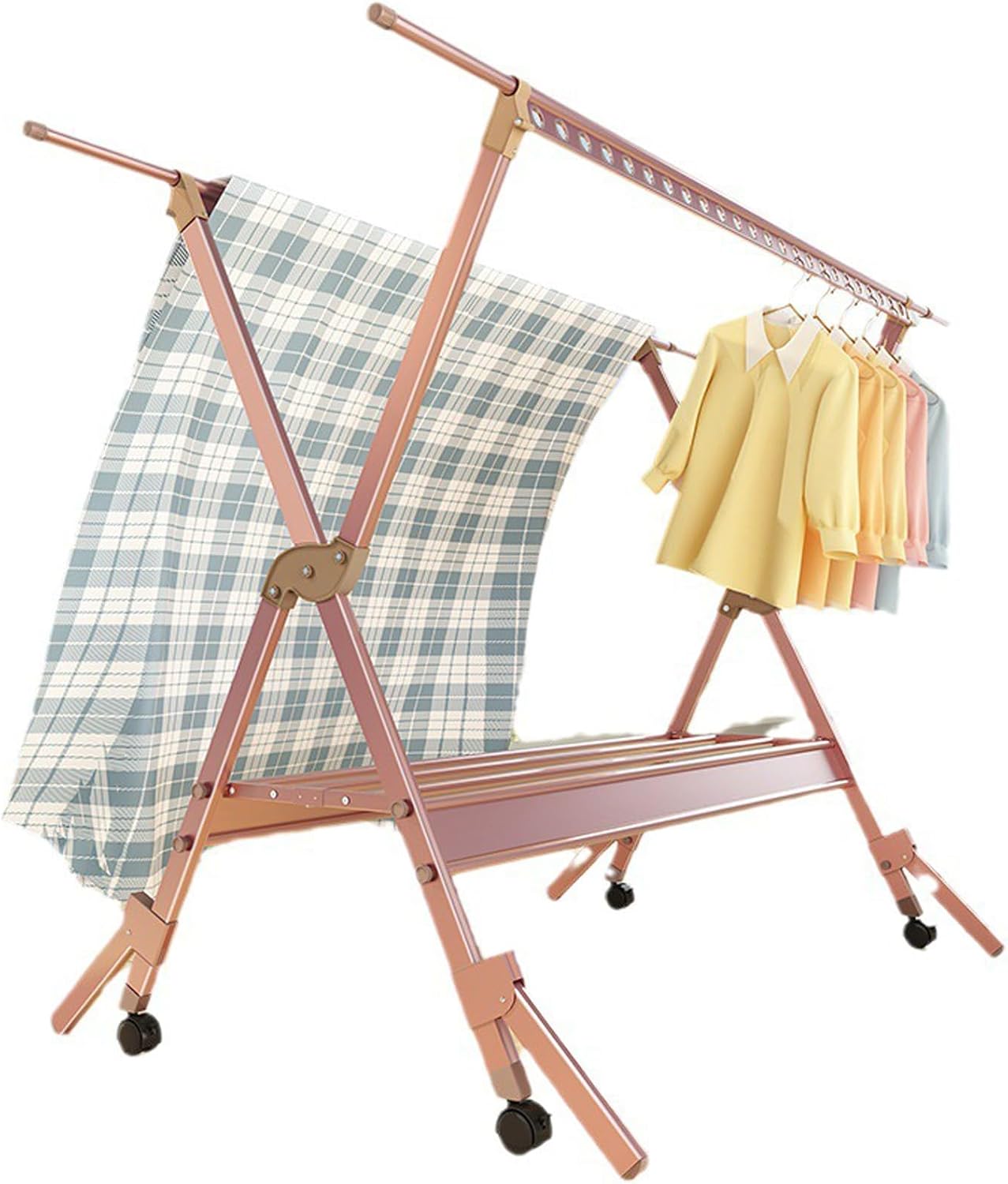 Clothes Drying Rack Folding Outdoor, Garment Racks for Hanging Clothes, Laundry Stand Organizer with Wheels, Aluminum Alloy Laundry Drying Rack, for Clothes, Towels, Linens (Rose Gold 2.55m/