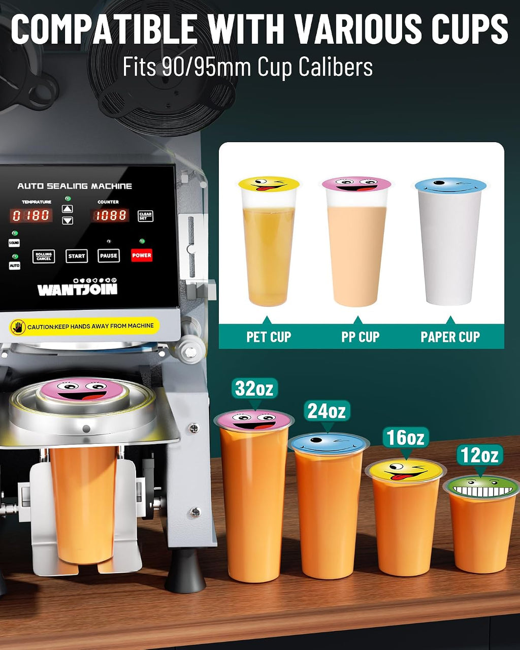 WantJoin Cup Sealer Machine - Full Automatic Cup Sealing Machine 90/95mm Caliber Electric Boba Sealing Machine Seals 500-600 Cups/H Digital Control Panel Cup Sealer for Bubble Milk Tea Coffee Shop