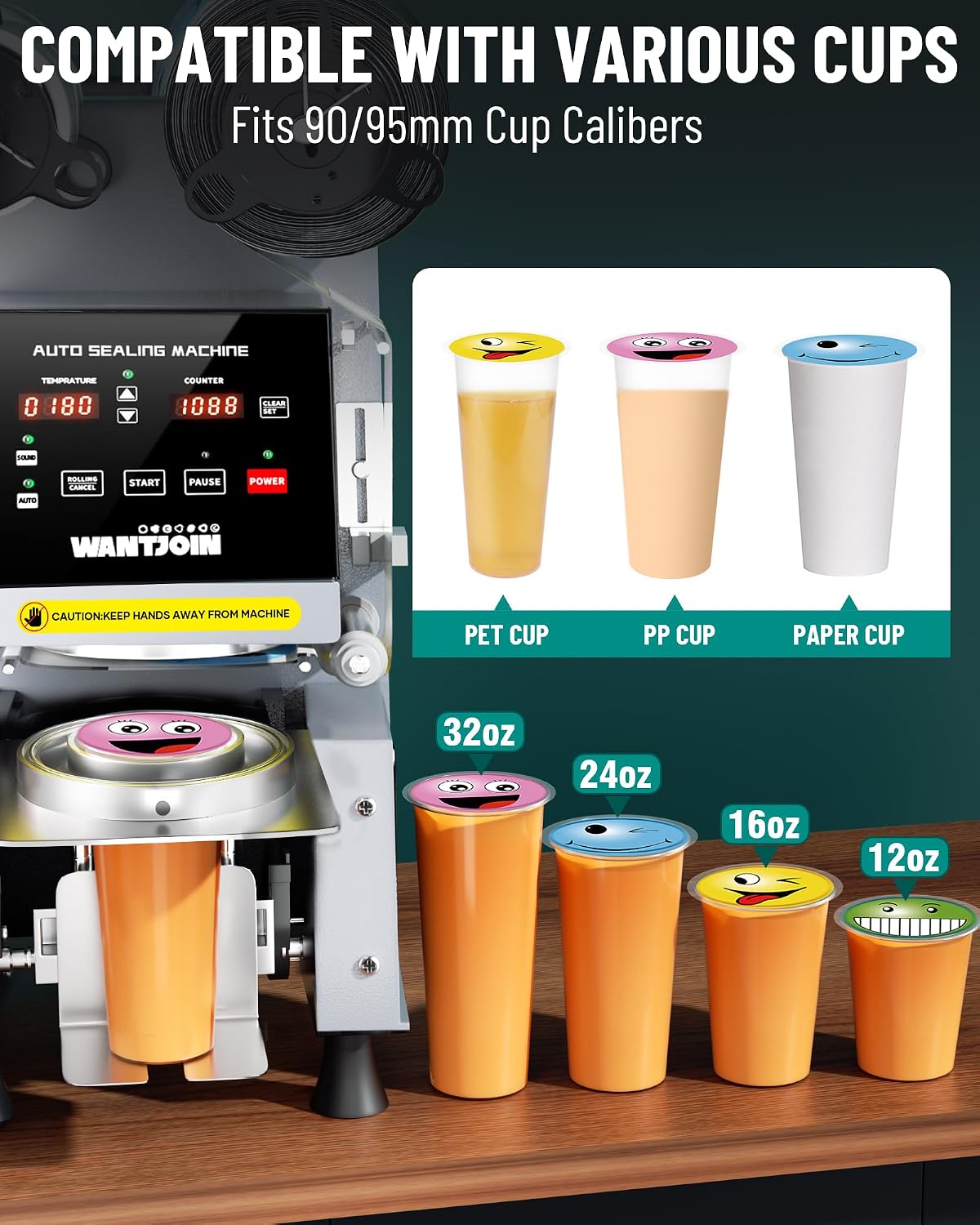 WantJoin Cup Sealer Machine - Full Automatic Cup Sealing Machine 90/95mm Caliber Electric Boba Sealing Machine Seals 500-600 Cups/H Digital Control Panel Cup Sealer for Bubble Milk Tea Coffee Shop