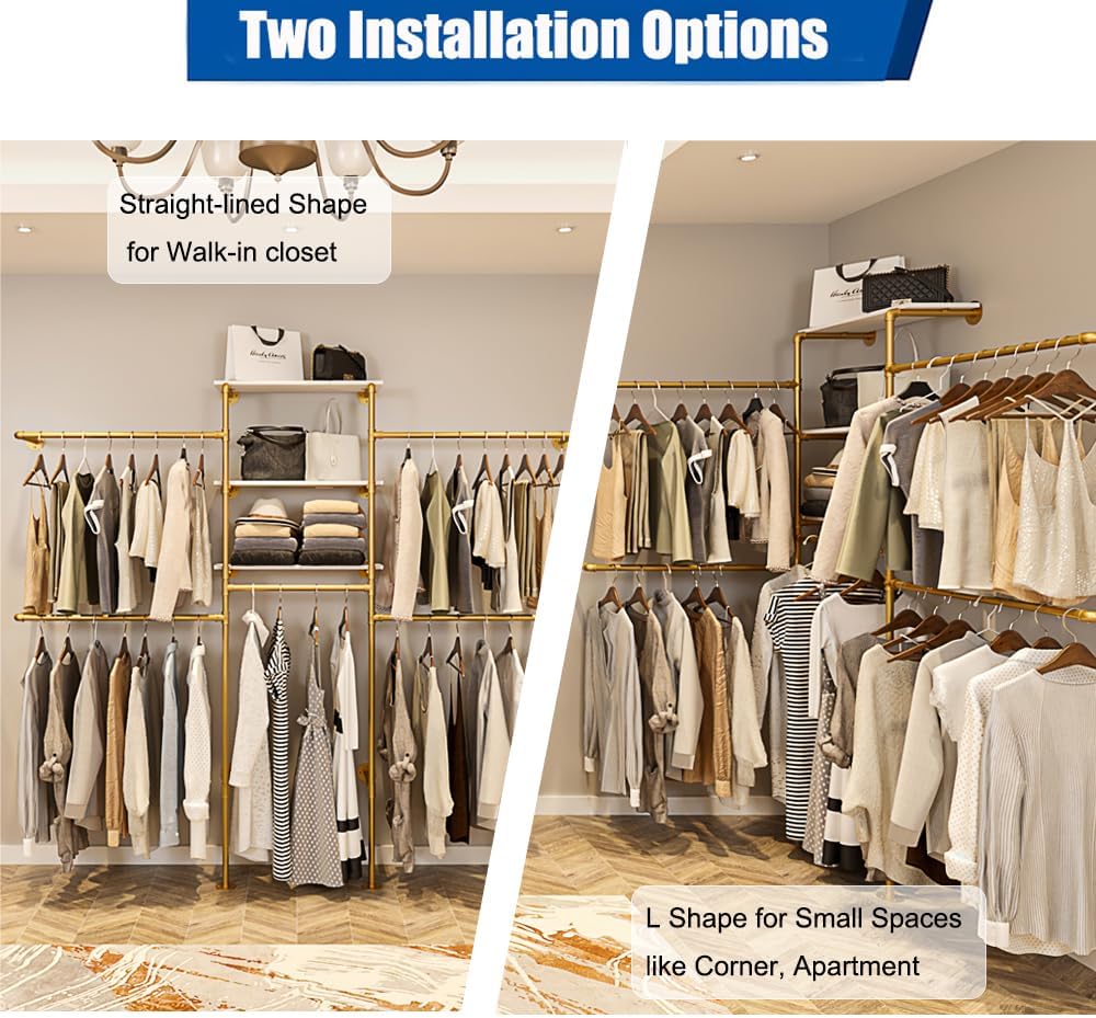 KaKaBB Heavy Duty Gold Pipe Clothing Rack - Wall Mounted Industrial Clothes Rack, DIY Corner Closet System with Shelves, Adjustable Walk-in Closet Organizer (GOLD, 94.5')