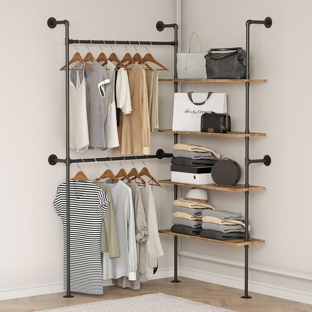 Industrial Pipe Clothing Rack Wall Mounted Heavy Duty, Space Saving Garment Hanger System for Wardrobe/Walk-in Closet,Black