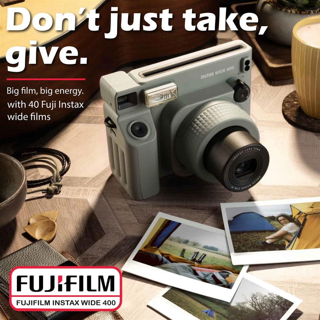 Fujifilm Instax Wide 400 Instant Film Camera (Sage Green) Bundle with Instax Wide Instant Film (20 Sheets), with Accessories Including Leather Camera Case