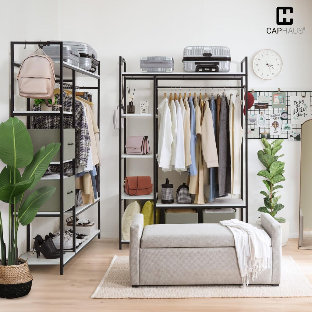 Fencer Wire Heavy Duty 979lbs Freestanding Closet Organizer w/Hanging Rods & Fabric Drawers, Garment Rack, Metal Clothes Rack w/Wood Shelves, Freestanding Closet Wardrobe, Metal Closet, White Board