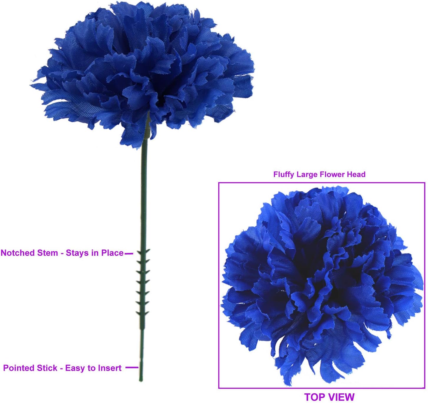 Larksilk 500 Pack Royal Blue Carnations Artificial Flowers, Silk Heads | Bulk 500 royal blue silk carnation heads on 5in wired stems for wedding centerpieces, bouquets, arches & DIY crafts