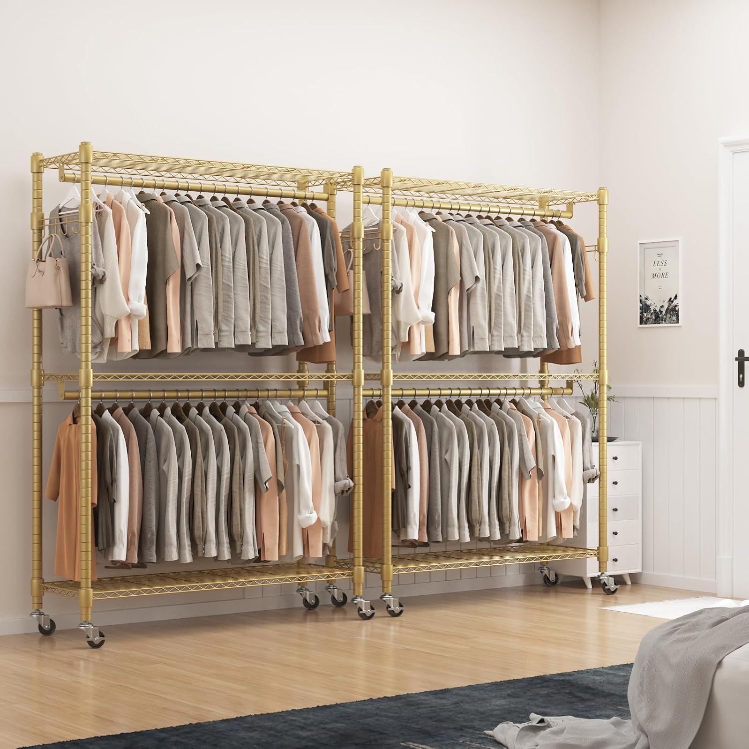 BATHWA Heavy Duty Rolling Garment Racks, 25mm Metal Pipe, 47.3'W x 17.7'D x 80.7'H Large Tall Portable Wardrobe Closet with 2 Rods, Wide Adjustable Shelves and Hangers, Clothing Hanging Storage, Gold