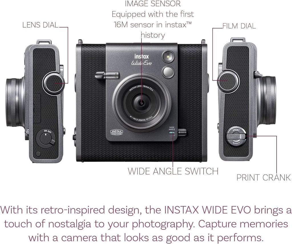Fujifilm Instax Wide Evo Hybrid Instant Film Camera with 4 Packs Fujifilm Instax Wide Instant Film Twin Pack + 16GB Memory Card + Card Reader + Octo Tripod + Sunshine Photo Microfiber Cleaning Cloth