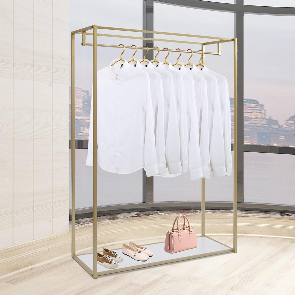 TFCFL Heavy Duty Metal Garment Rack Freestanding Clothes Rack Wedding Dress Display Stand Floor-Standing Clothing Rack with Bottom Storage Shelf