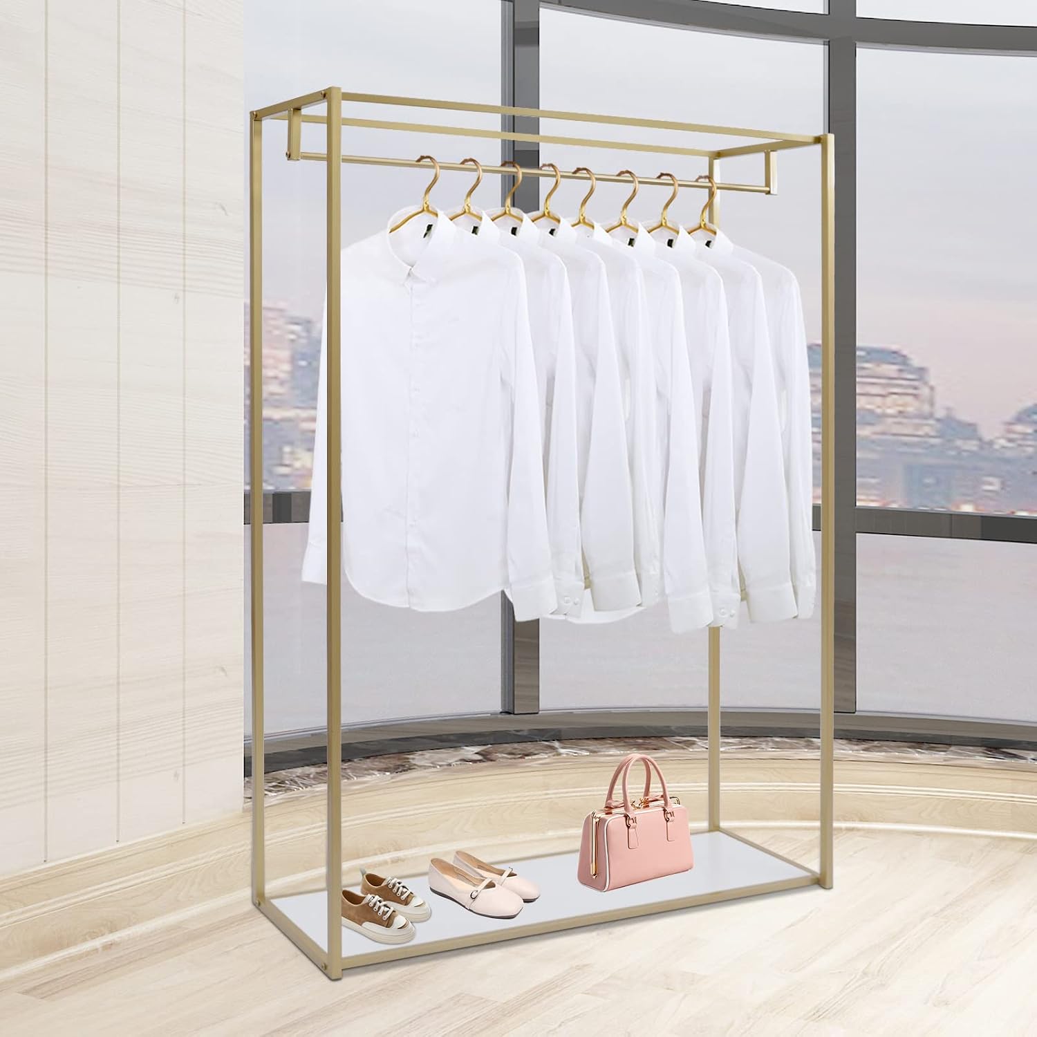 TFCFL Heavy Duty Metal Garment Rack Freestanding Clothes Rack Wedding Dress Display Stand Floor-Standing Clothing Rack with Bottom Storage Shelf