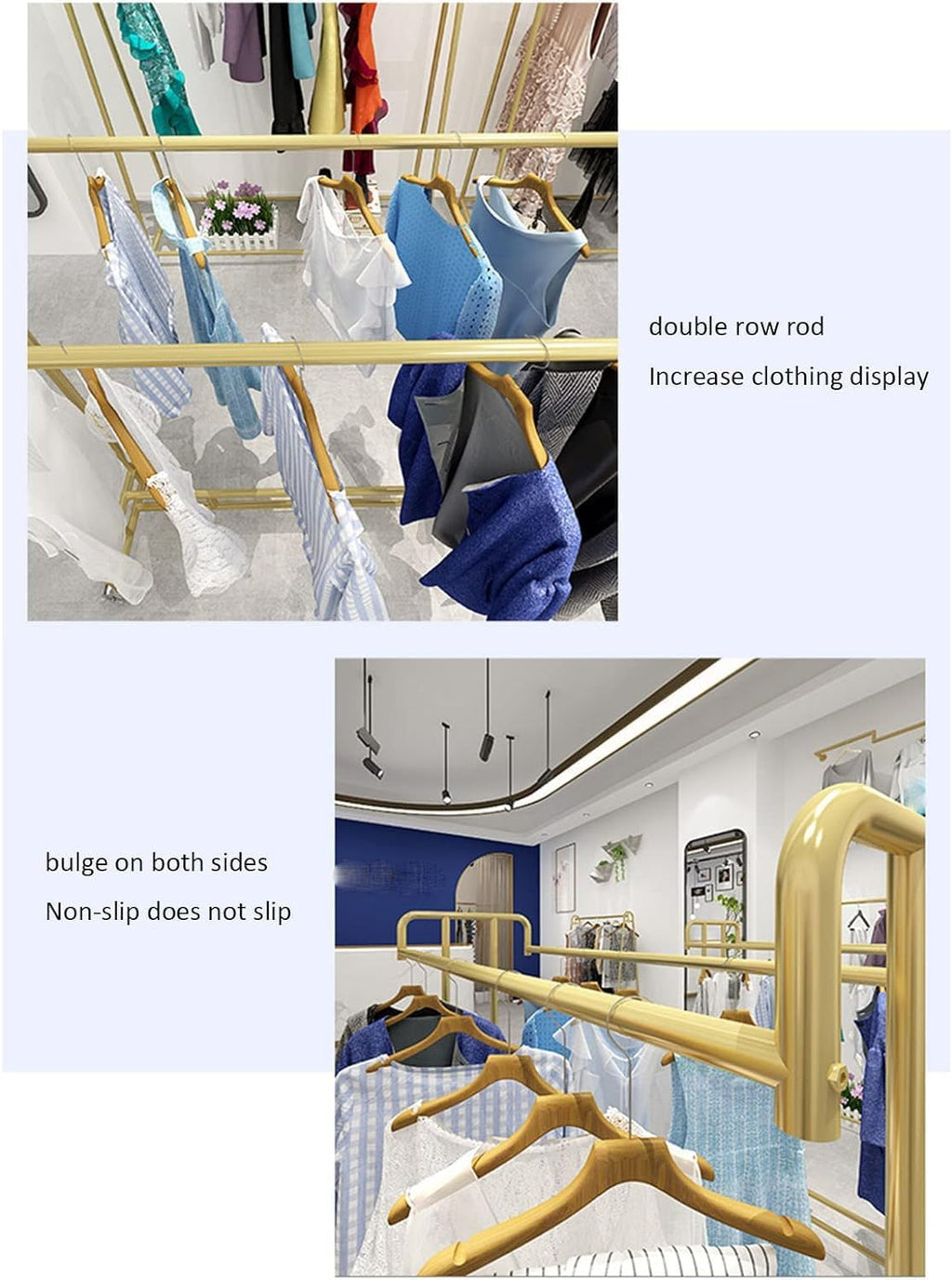 Industrial Pipe Clothing Store Heavy Duty Garment Racks with Wheel,Floor-Standing Garment Display Stand Double Rail Retail Clothing Rack,Commercial Metal Garment Rack for Hanging Clothes (Gold L100*