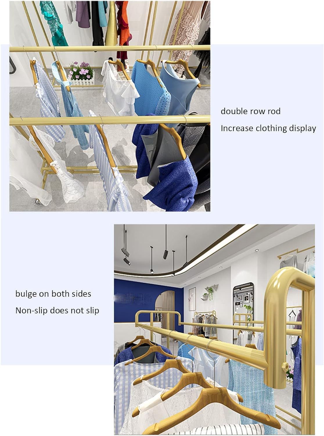 Industrial Pipe Clothing Store Heavy Duty Garment Racks with Wheel,Floor-Standing Garment Display Stand Double Rail Retail Clothing Rack,Commercial Metal Garment Rack for Hanging Clothes (Gold L100*
