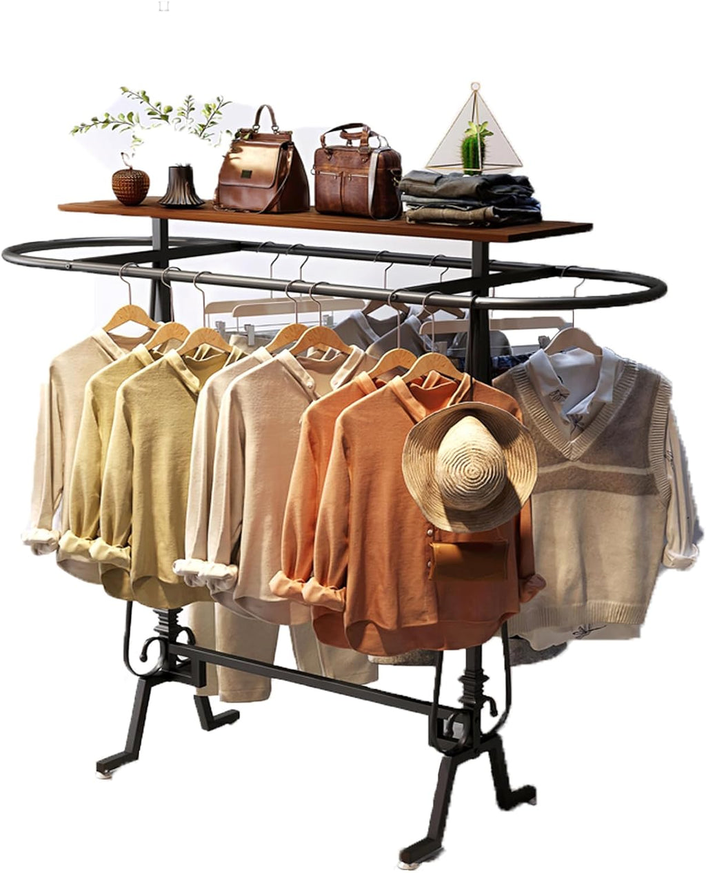 Round Clothing Rack, Commercial Floor Standing Clothes Rack, Oval Iron Clothing Hanging Rack, for Bedrooms Hanging Apparel, Boutiques Display, Laundry Room (Black)