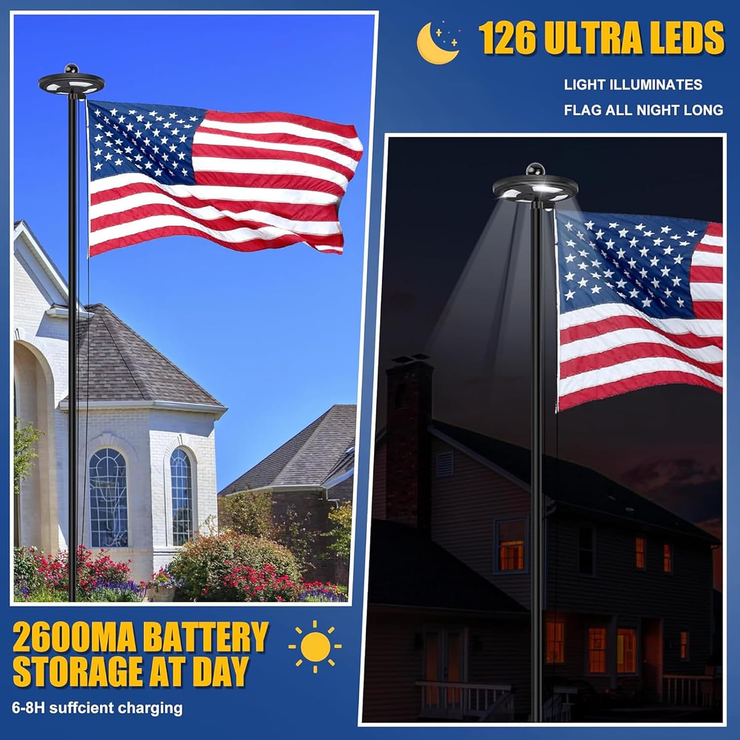 25FT Black Heavy Duty Flag Pole Kit with Solar Light & 3x5 Ft American Flag | Wind resistant 12 gauge aluminum flies no tangle 3x5 US flag, with 128 LED solar light for 10H continuous shining