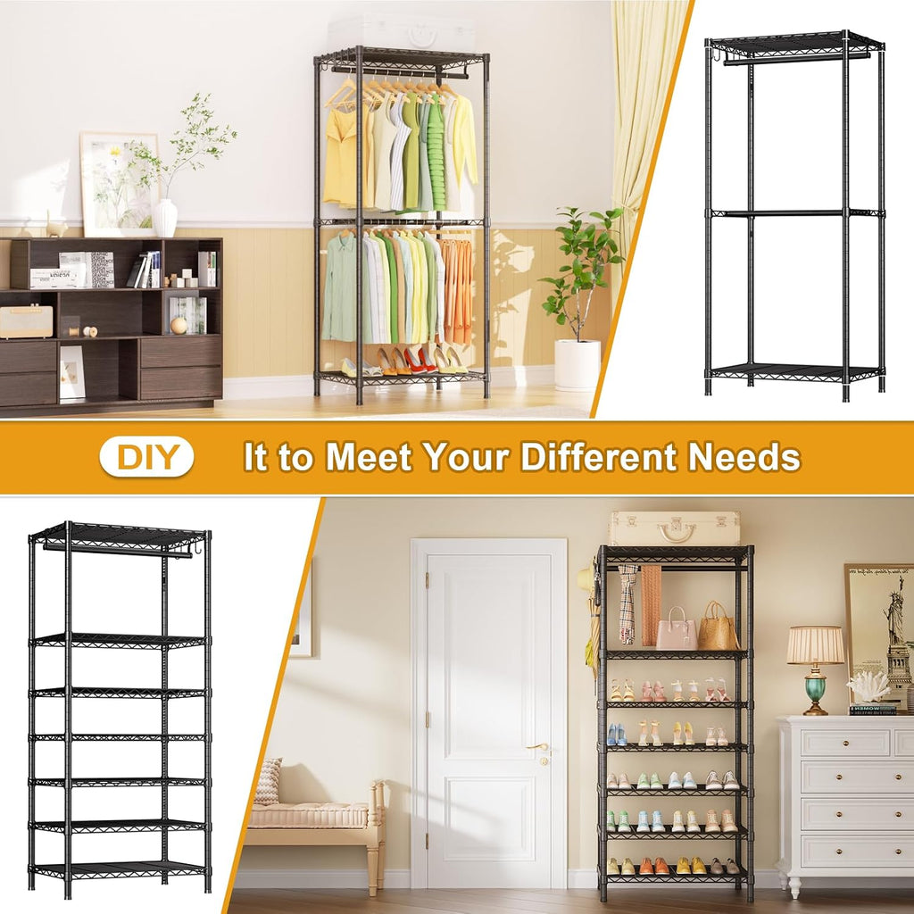 Ulif E13 Heavy Duty Clothes Rack（With 4 Hanger Rods & 8 Shelves） Freestanding Clothing Racks for Hanging Clothes，Adjustable Closet Organizer，Metal Garment Rack 63' W x16 D x77 H，Max Load 900LBS，Black