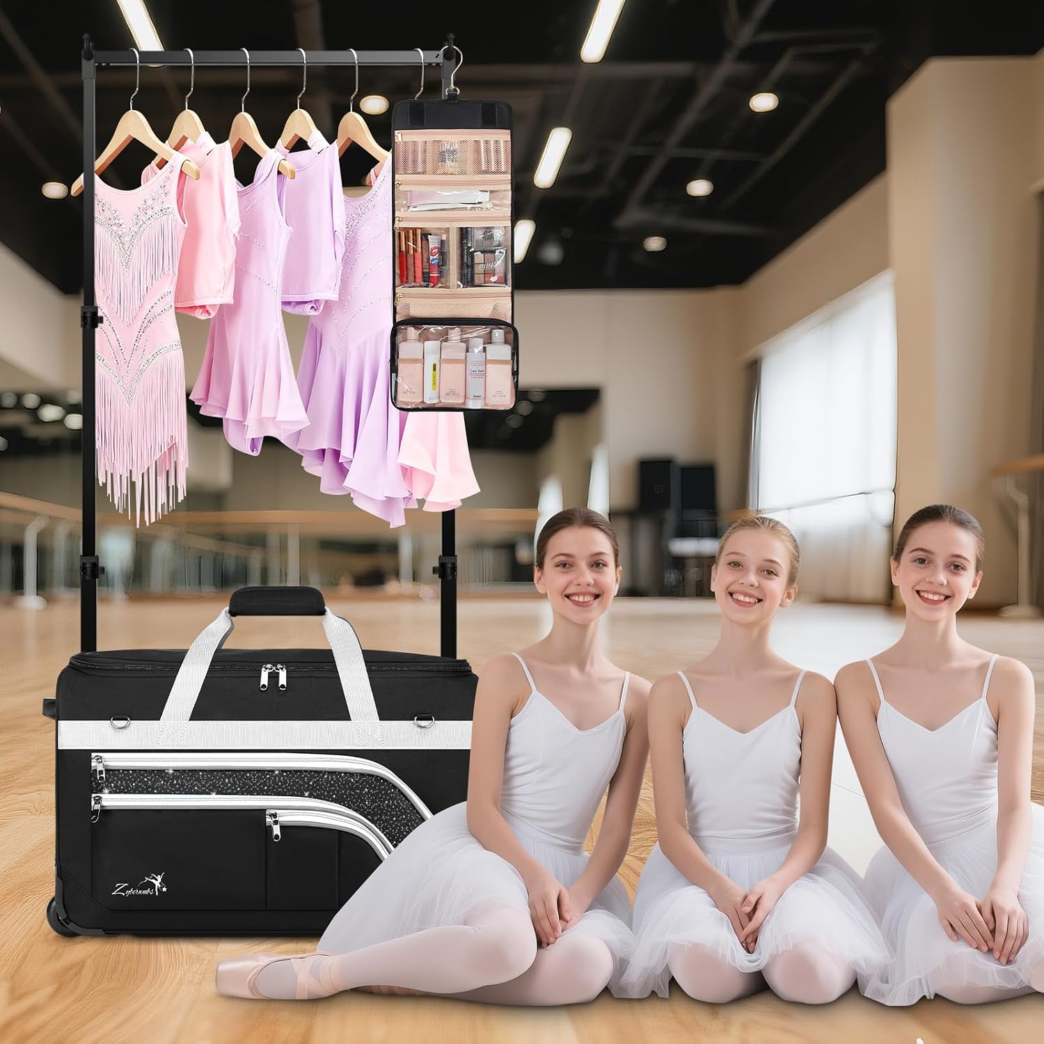Dance Bag with Garment Rack - 28 Inch Professional Dance Competition Duffle Bag with Rack - Wheeled Dance Suitcase with Multiple Pockets for Dancers, Athlete, Travelers, and Livestreamer