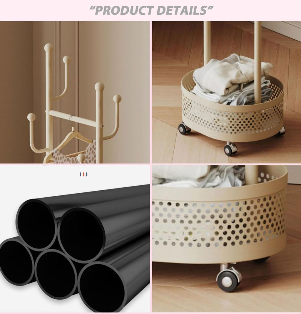 Heavy-Duty Clothing Racks Rolling Rack with Wheels Modern Metal Coat Stand with Storage Basket Moveable Garment Rack for Hanging Clothes Bedrooms Boutiques(Gold)