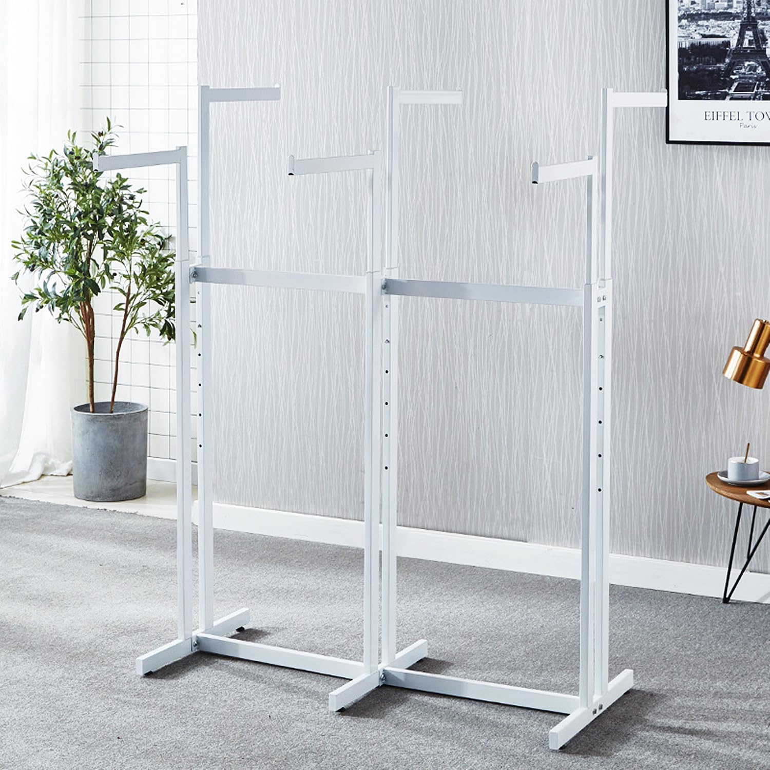 Heavy-Duty Metal Garment Rack 6 Way Clothing Rack Adjustable Height Floor Standing Shirt Racks, Square Tubing Portable Display Rack for Hanging Clothes,White