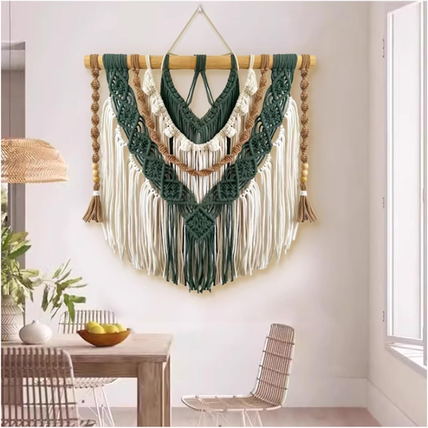 Macrame Wall Hanging Boho Macrame Wall Hanging – Handwoven Green & Cream Cotton Tapestry with Wooden Dowel, Art Decor for Living Room, Bedroo(80x85cm/31.5x33.4in)