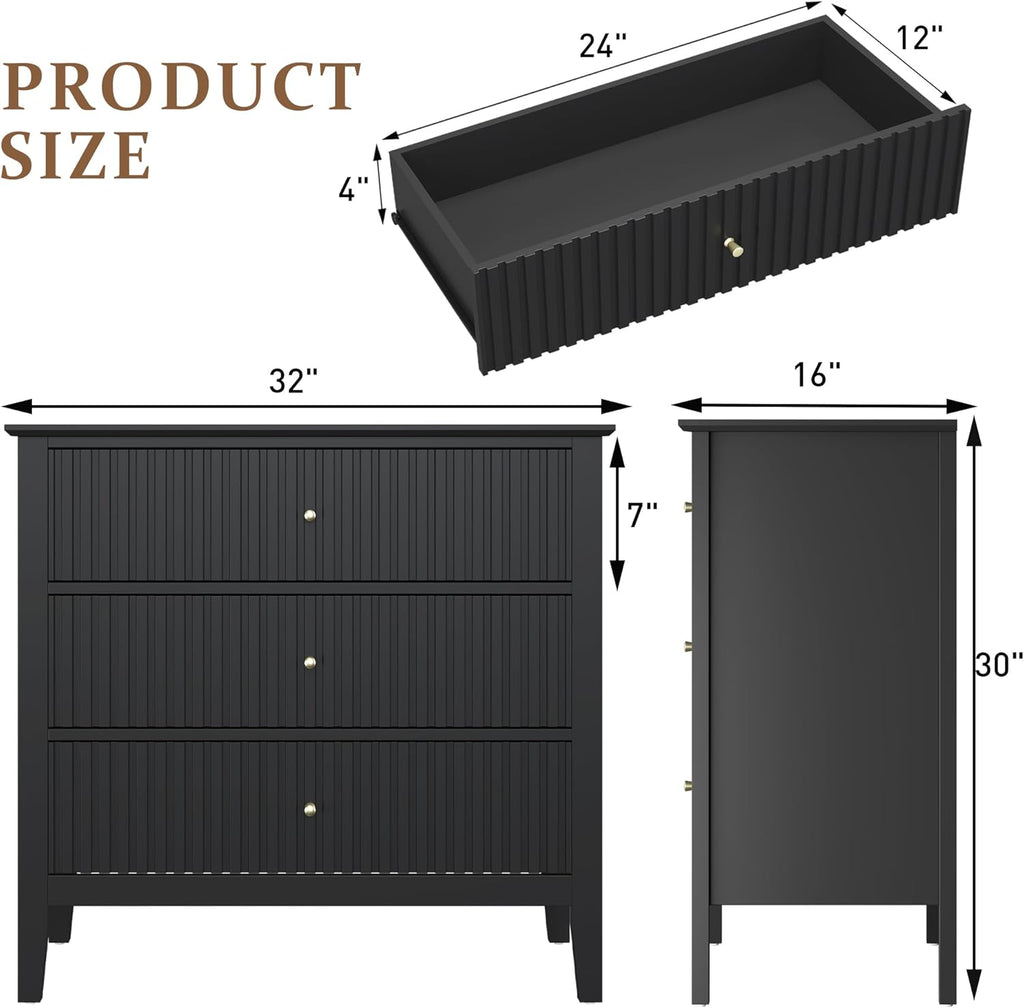 RoyalCraft 32' Large Nightstand Set of 2, Fluted Painted Bedside Table with 3 Spacious Drawers, Modern Tall End Table for Bedroom, Black
