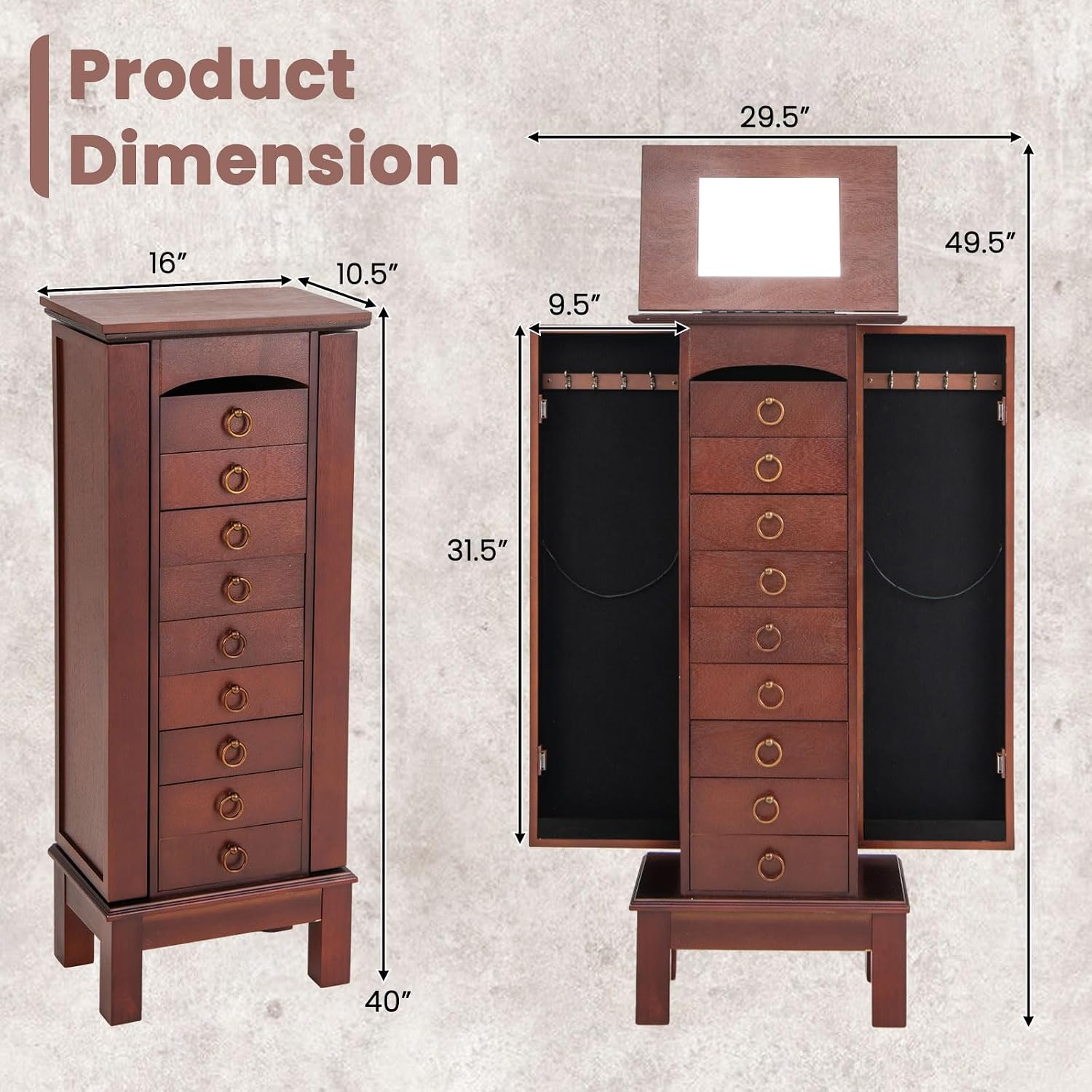 NAFORT Jewelry Armoire with Top Flip Vanity Mirror, Jewelry Cabinet with 9 Drawers and 2 Side Doors for Necklace, Large Storage Capacity Jewelry Organizer and Storage, Walnut