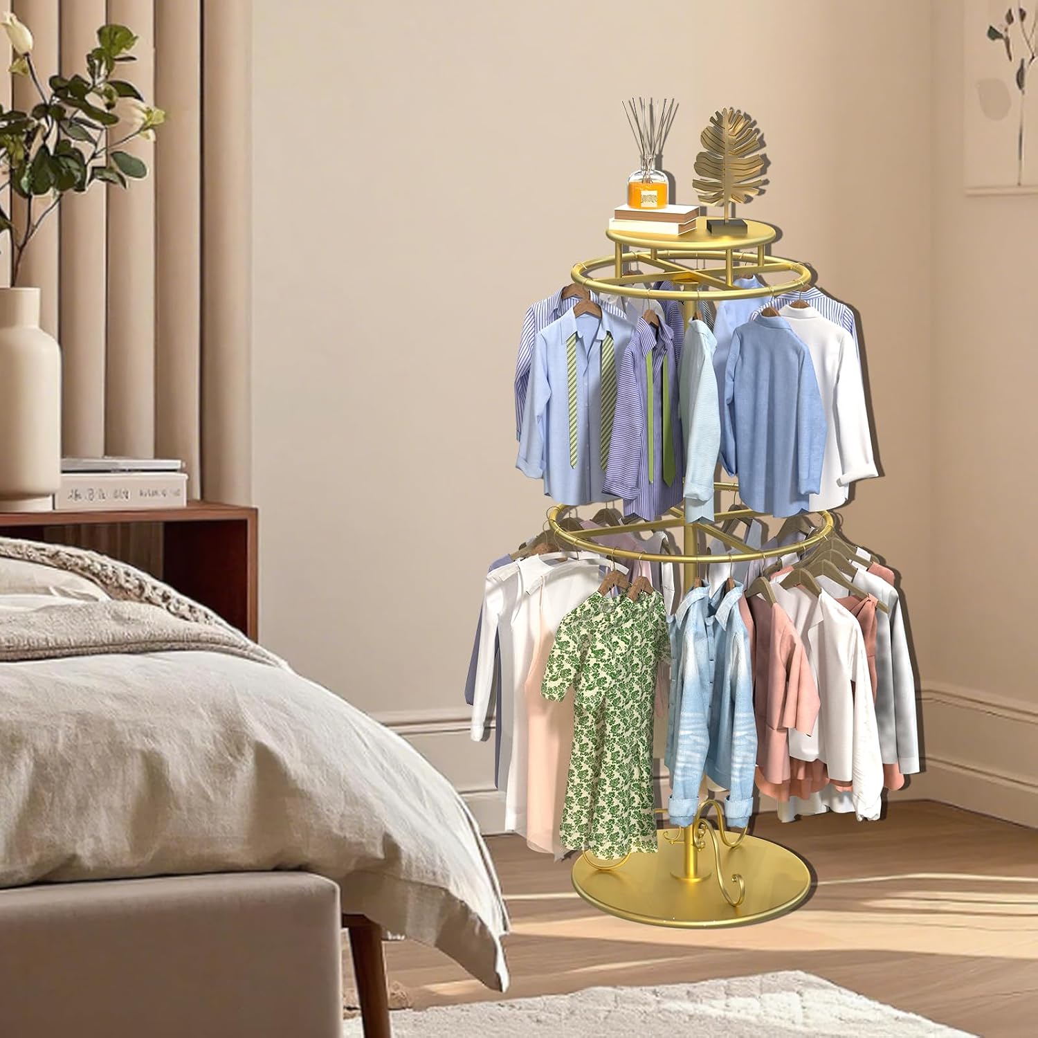 Round Clothes Rack, Childrens Clothing Display Circular Clothes Rack, Rotatable Black Tier Rack with Retail Display Table, Round Garment Rack Kids Clothing Display for Boutiques (GOLD, 55.1'/140cm)