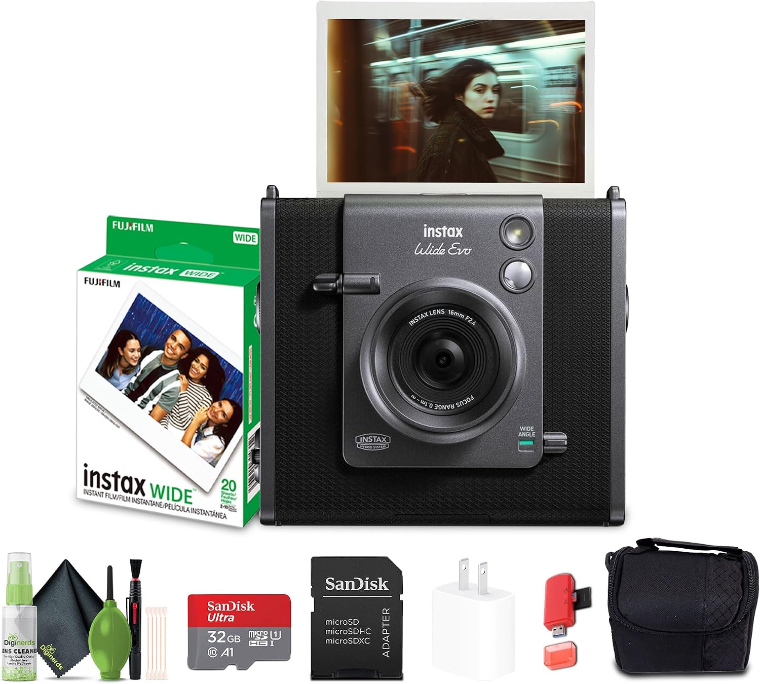 Fujifilm Instax Wide Evo Hybrid Instant Film Camera (16840957) Bundle with Fuji Instax-Wide Instant Film (20 Exposures) + 32GB Memory Card + Padded Case + Cleaning Kit + More