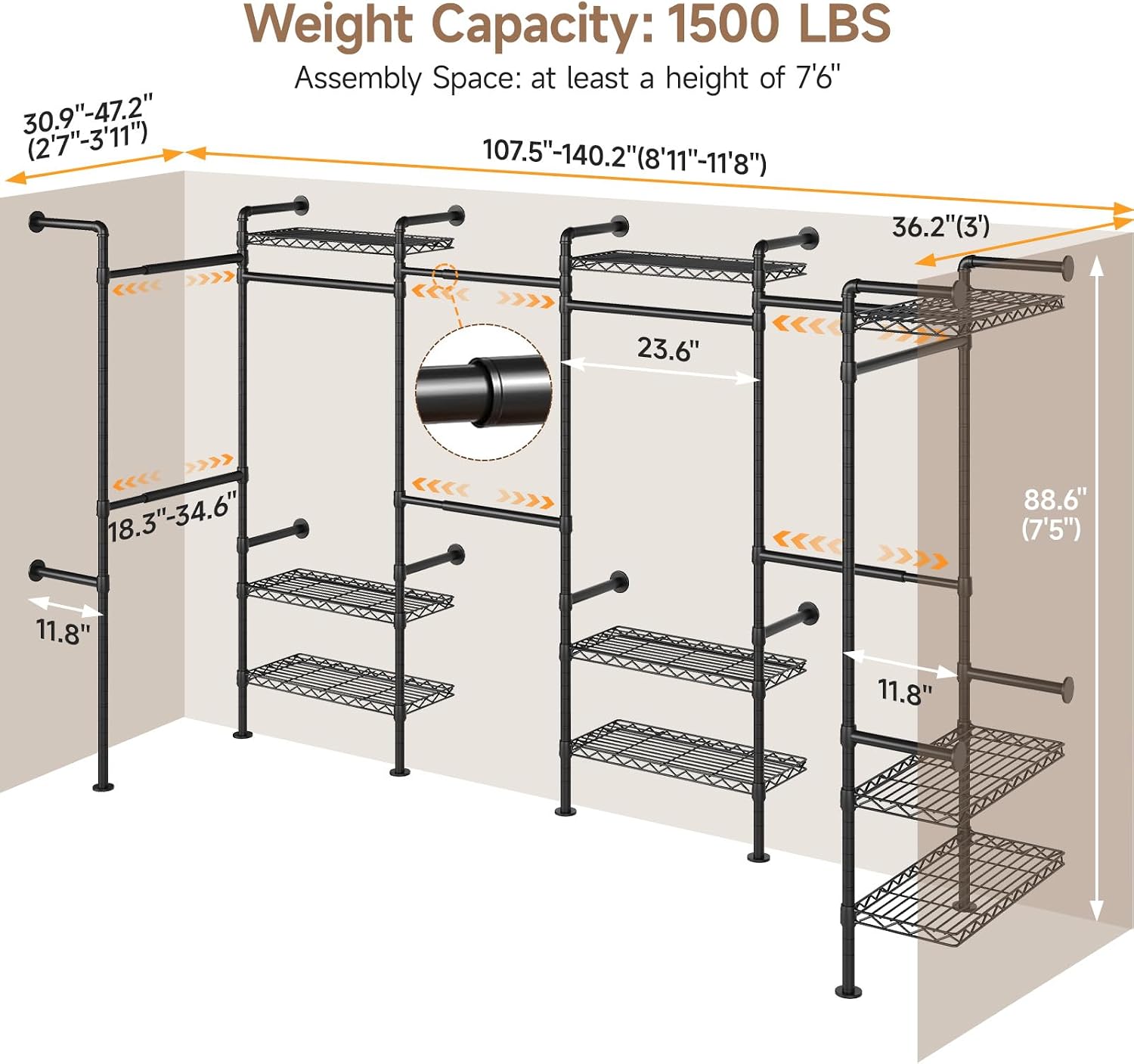 Wall Mounted Garment Rack, Industrial Pipe Clothing Rack, Closet System with 6 Expandable Rods, Walk in Closet Shelving, Clothes Organizers and Storage, Hanging Racks Wardrobe Renovation, Black