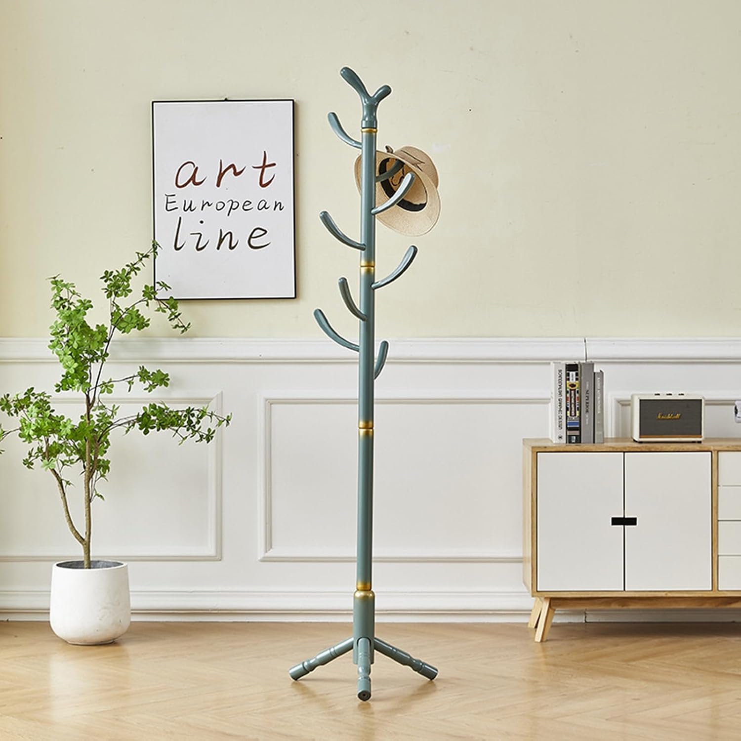 Clothing Rack Stand, Freestanding Coat Hanger, Garment Racks, Wooden Coat Stand, Coat Tree, Coat Rack for Hallway Entryway, Bedroom for Clothes Hats, Bags With Stable Base, Solid Wood(Green)