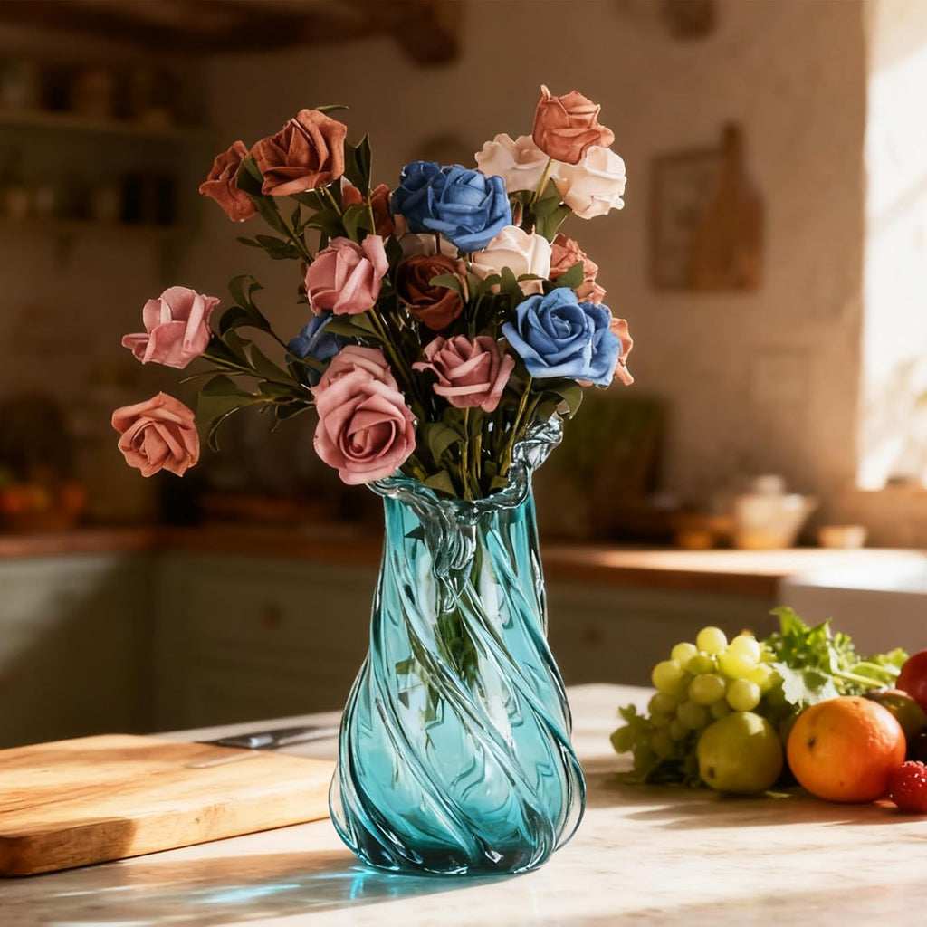 Vases Home Decor - 13In Crystal Vase, Glass Blue Vase, Flower Holders for Bouquet, Centerpieces & Single Stems, Tall for Roses, Dried Flowers, Pampas Grass, Fits Living Room Bedroom Office (S)