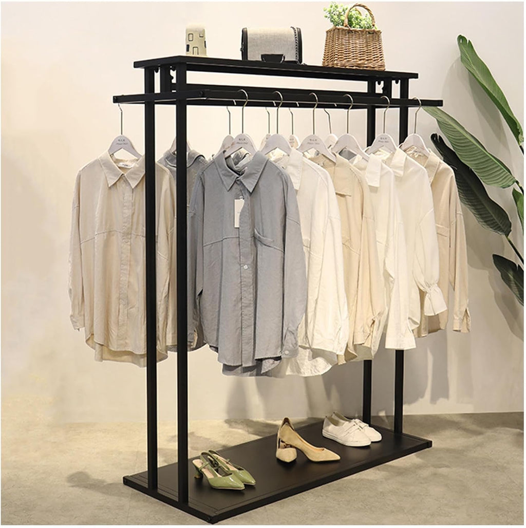 Heavy Duty Double Hanging Rods Clothes Garment Rack for Bedroom/Laundry Room/Retail Store Freestanding Retail Display Stand with Shelves