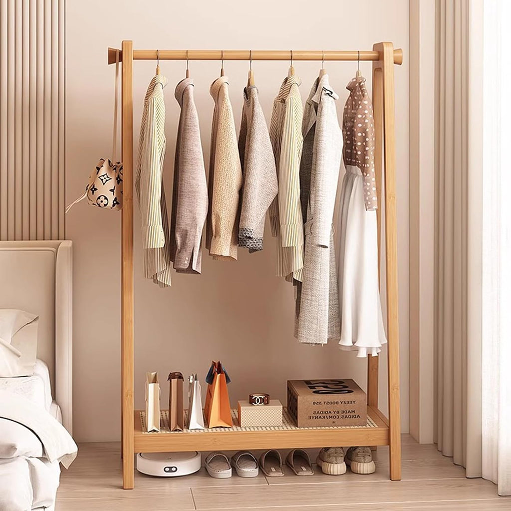 Bamboo Garment Rack - Freestanding Clothes Rack with Shelves & 2 Hooks, Large Capacity Coat Rack for Bedrooms, Easy Assembly (65x36x154CM, Wood Color)