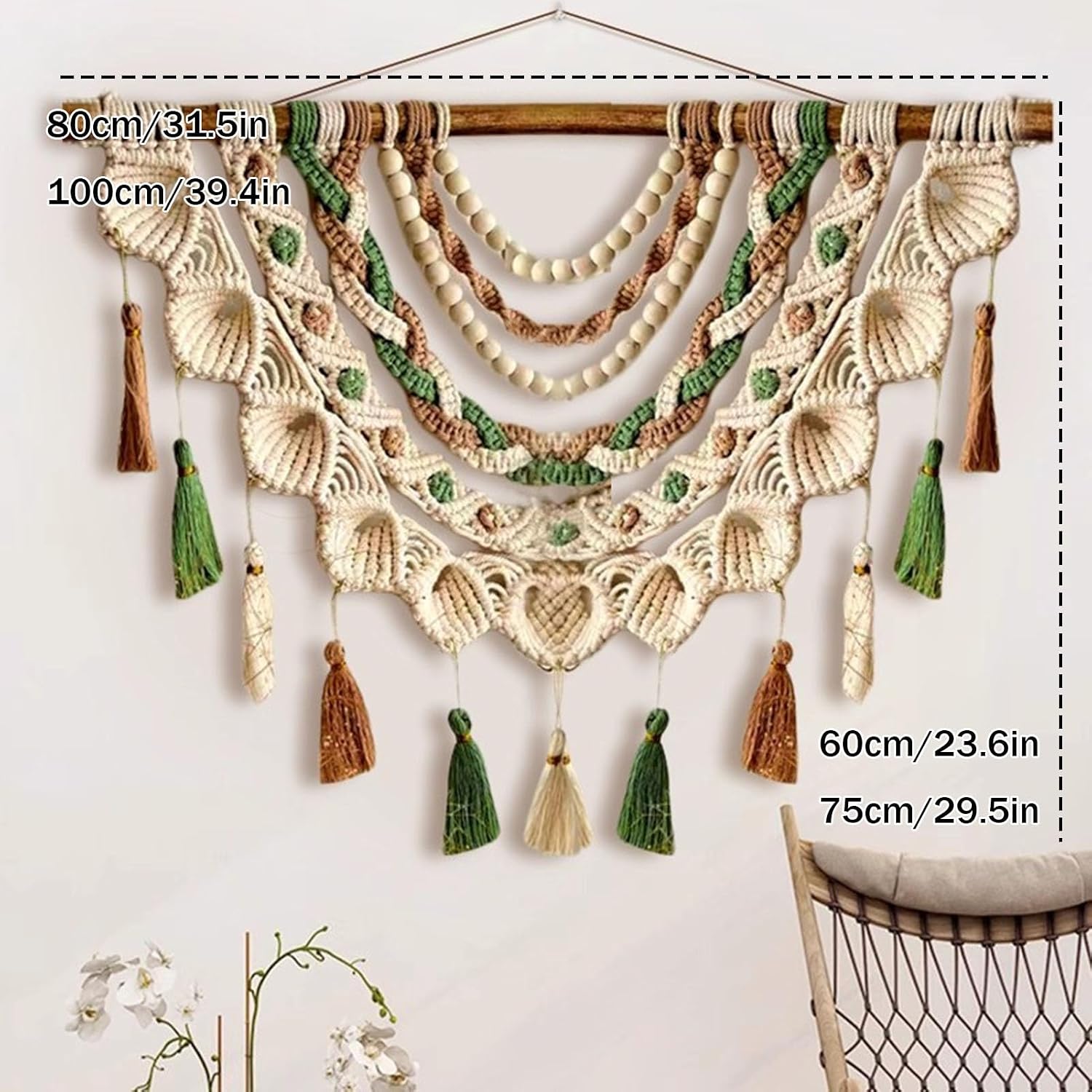 Macrame Wall Hanging Boho Macrame Wall Hanging, Handmade Woven Tapestry with Wooden Beads & Tassels, Home Decor for Bedroom Living Room Dorm(Green,80x60cm/31.5x23.6in)