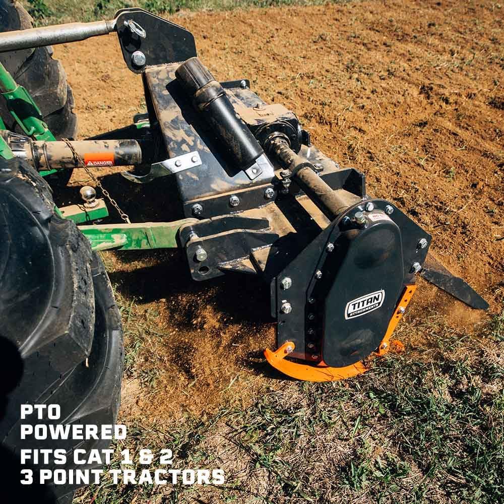 Titan Attachments Pro Series 3 Point Rotary Tiller, 72' Cutting Width, Fits Cat 1 & Cat 2 Tractors 25-65 HP Rototiller, 8' Digging Depth, PTO Driven Cultivator