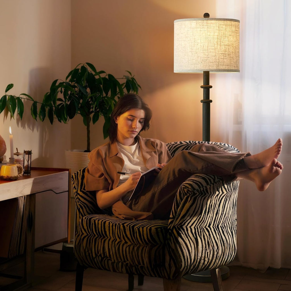 EJIAXIN 2-in-1 Lighting Set - Farmhouse Table Lamps (Set of 2) + 60' Vintage Floor Lamp | USB Charging Nightstand Lamps & 3-Way Dimmable Standing Lamp | Rustic Bedroom/Office, Bulbs Included