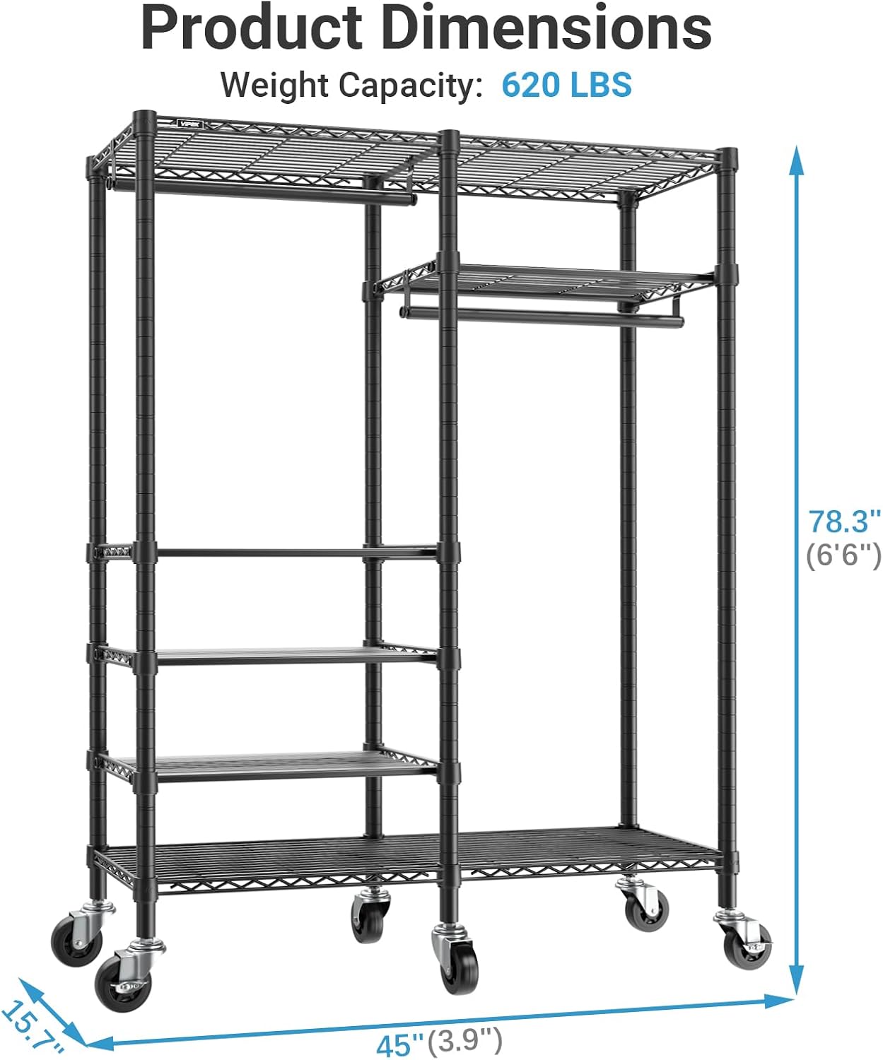 VIPEK R4C Portable Closet Rolling Clothes Rack Heavy Duty Adjustable Wardrobe Metal Garment With Lockable Wheels, Black Clothing With Upgraded Polyester Cover, Max Load 620lbs