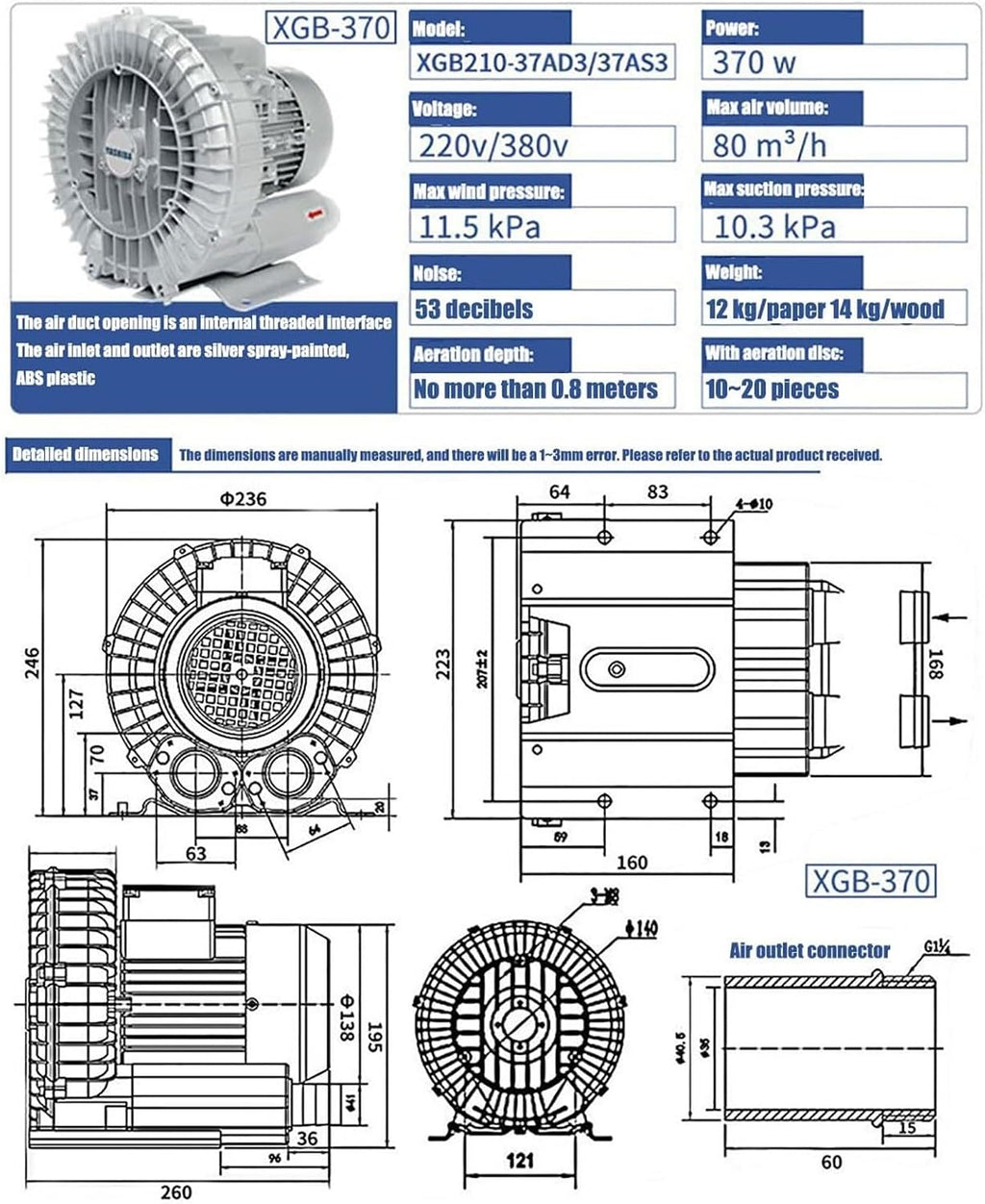 High-Pressure Vortex Ring Blower 480V 370W Three-Phase Regenerative Blower for Industrial Applications, Textile Production & Fish Pond Aeration Solutions
