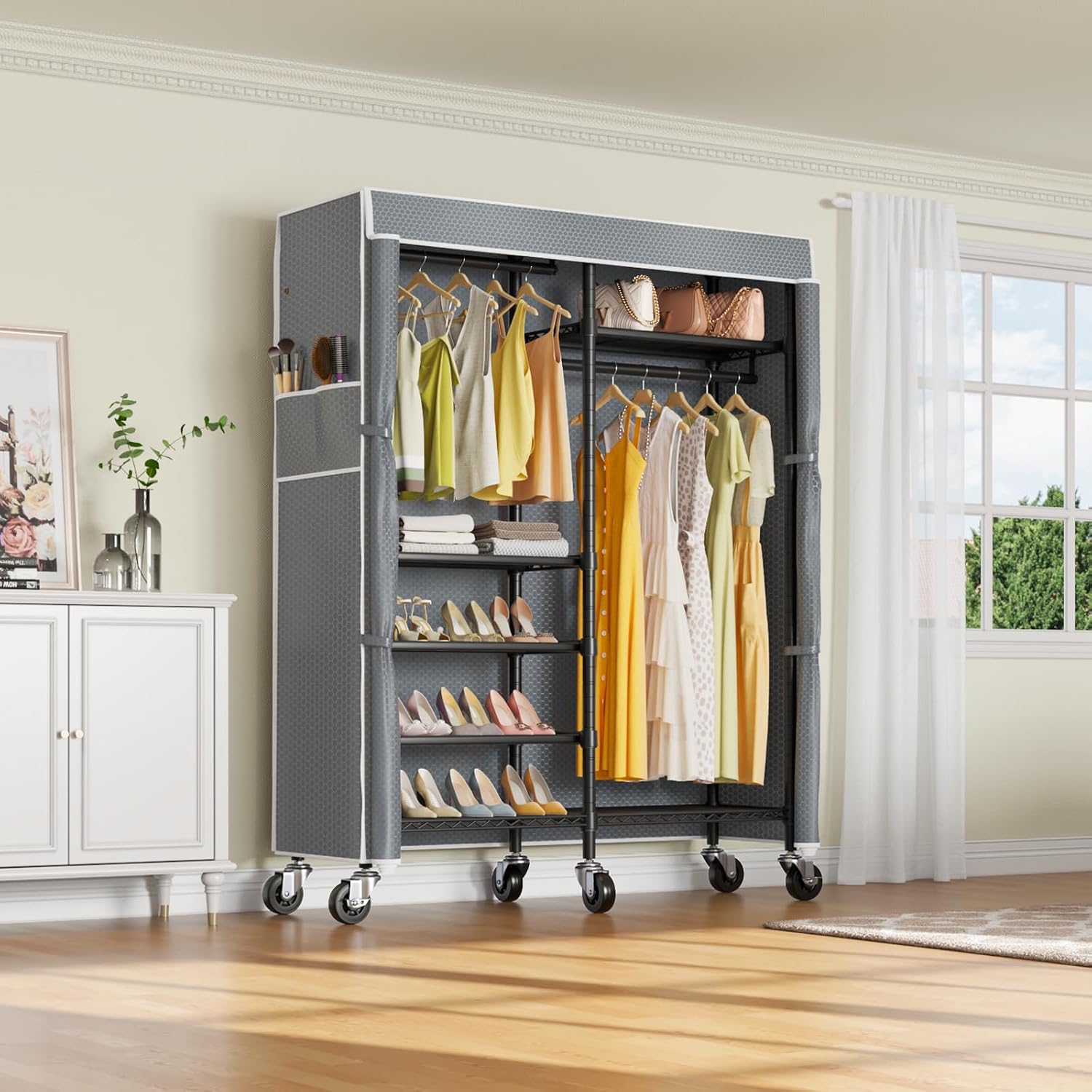 VIPEK R4C Rolling Garment Rack 6 Tiers Adjustable Heavy Duty Wire Shelving Portable Clothes Rack with Lockable Wheels, Black Metal Clothing Rack with Grey Upgraded Polyester Cover, Max Load 620lbs