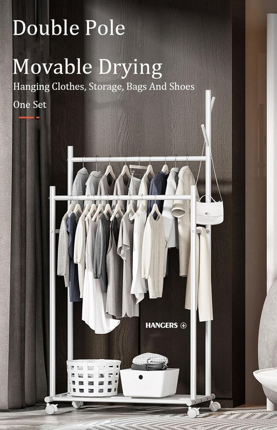 ELZEM Rolling Clothes Rack on Wheels, Double Rod Clothing Garment Rack,Hanging Clothes Organizer for Bedroom,Clothing Store, Hallway A