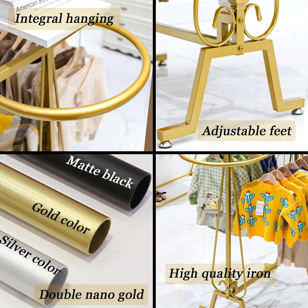 Round Clothing Rack, Commercial Floor Standing Clothes Hanging Rack, Oval Iron Clothing Hanging Rack, for Bedrooms Hanging Apparel, Boutiques Display, Laundry Room (Gold)