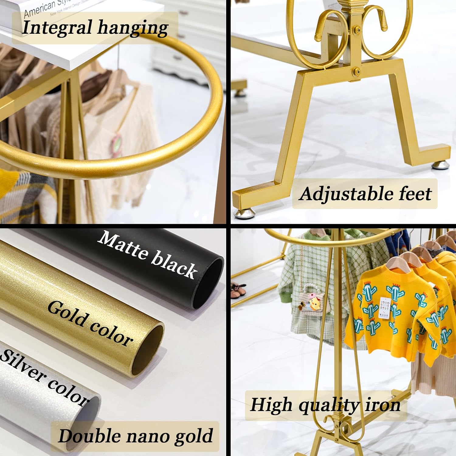 Round Clothing Rack, Commercial Floor Standing Clothes Hanging Rack, Oval Iron Clothing Hanging Rack, for Bedrooms Hanging Apparel, Boutiques Display, Laundry Room (Gold)
