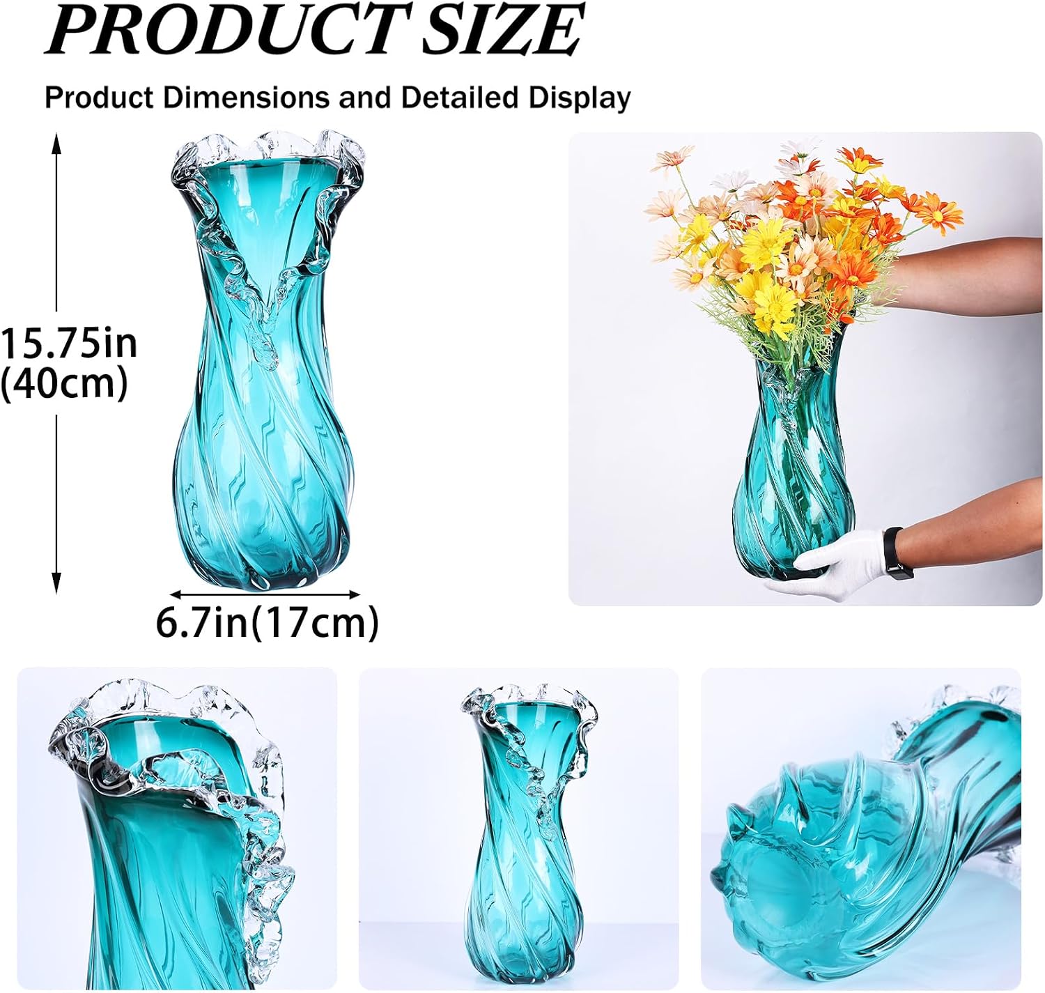 Vases Home Decor - 16In Crystal Vase, Glass Blue Vase, Flower Holders for Bouquet, Centerpieces & Single Stems, Tall for Roses, Dried Flowers, Pampas Grass, Fits Living Room Bedroom Office (L)