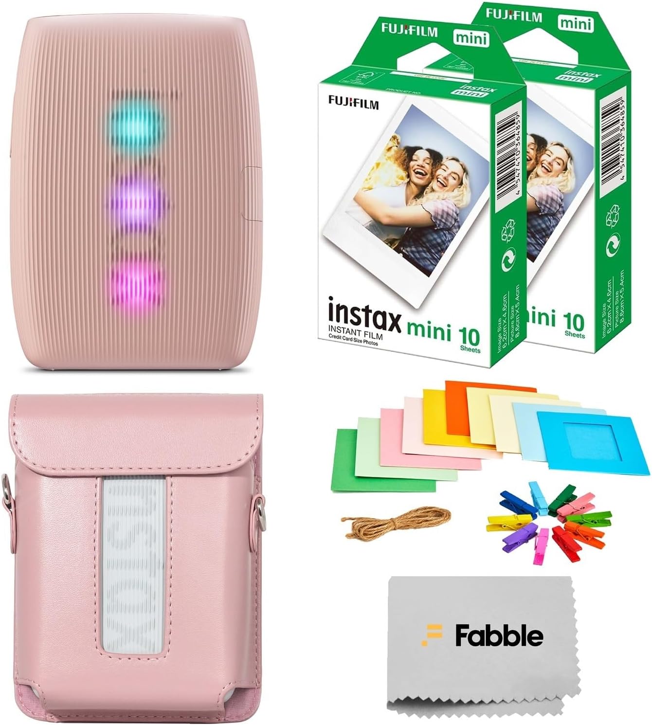 Fujifilm Instax Mini Link 3 Smartphone Printer – Rose Pink Bundle with a Protective Case, Twin Pack Instant Film (20 Sheets), Hanging Photo Frames, and Premium Microfiber Cleaning Cloth