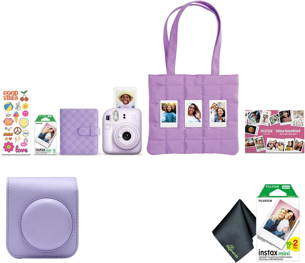 FUJIFILM Instax Mini 12 Instant Film Camera 2025 Holiday Bundle (Purple) + Compatible Carrying Case + Fuji Film Value Pack (20 Sheets) + Microfiber Cleaning Cloth
