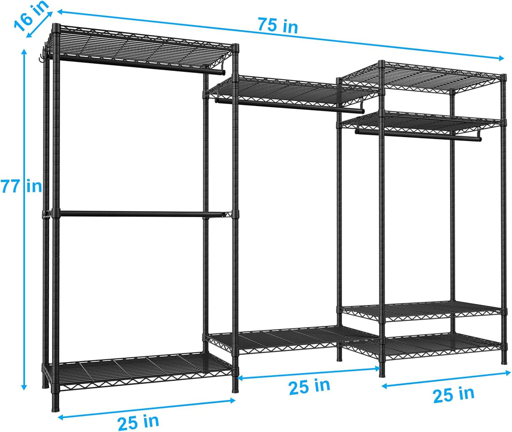 Ulif E13 Pro Heavy Duty Clothes Rack（With 4 Hanger Rods & 8 Shelves） Freestanding Clothing Racks for Hanging Clothes，Adjustable Closet，Metal Garment Rack 75' W x16 D x77 H，Max Load 1000LBS，Black
