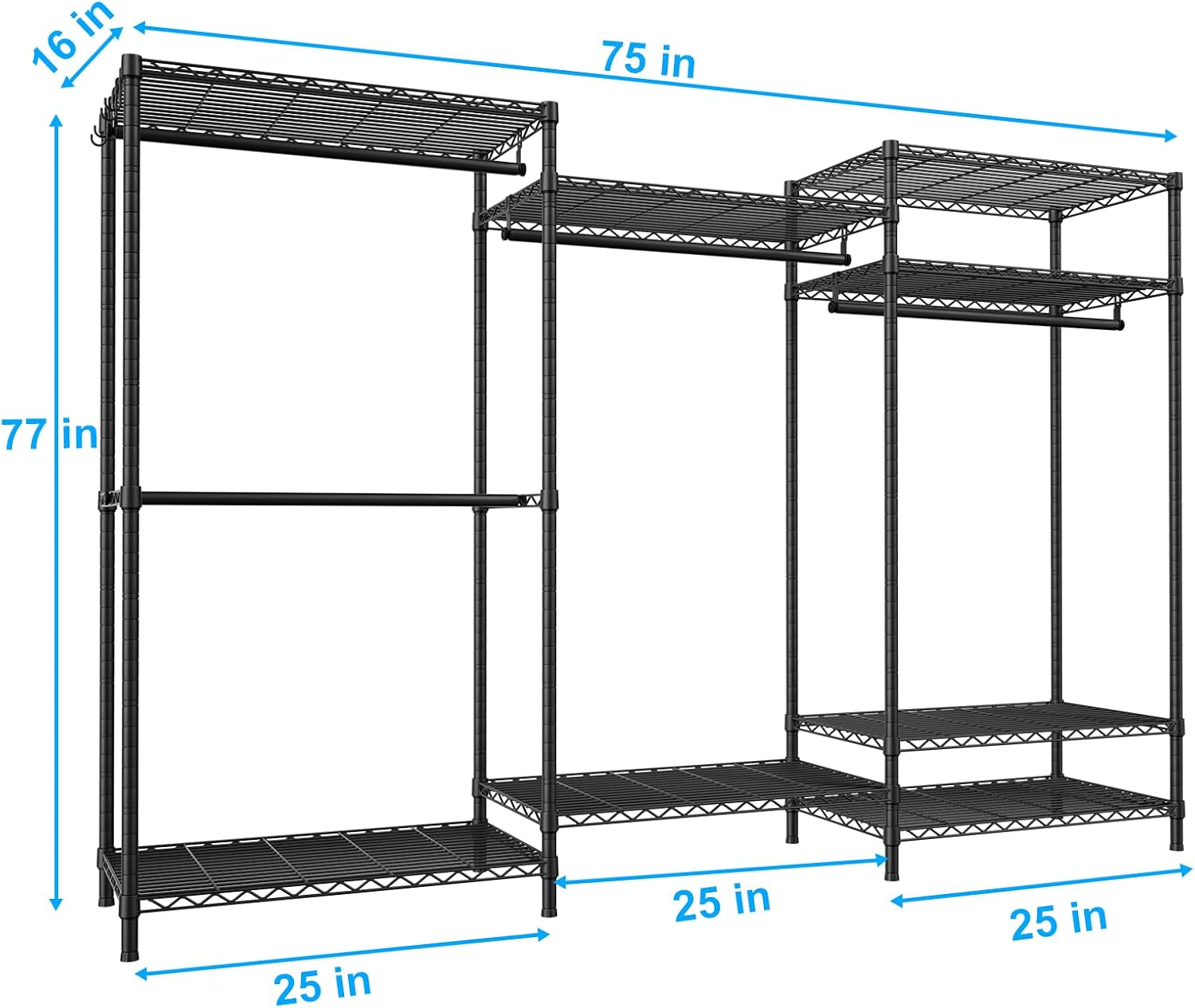 Ulif E13 Pro Heavy Duty Clothes Rack（With 4 Hanger Rods & 8 Shelves） Freestanding Clothing Racks for Hanging Clothes，Adjustable Closet，Metal Garment Rack 75' W x16 D x77 H，Max Load 1000LBS，Black