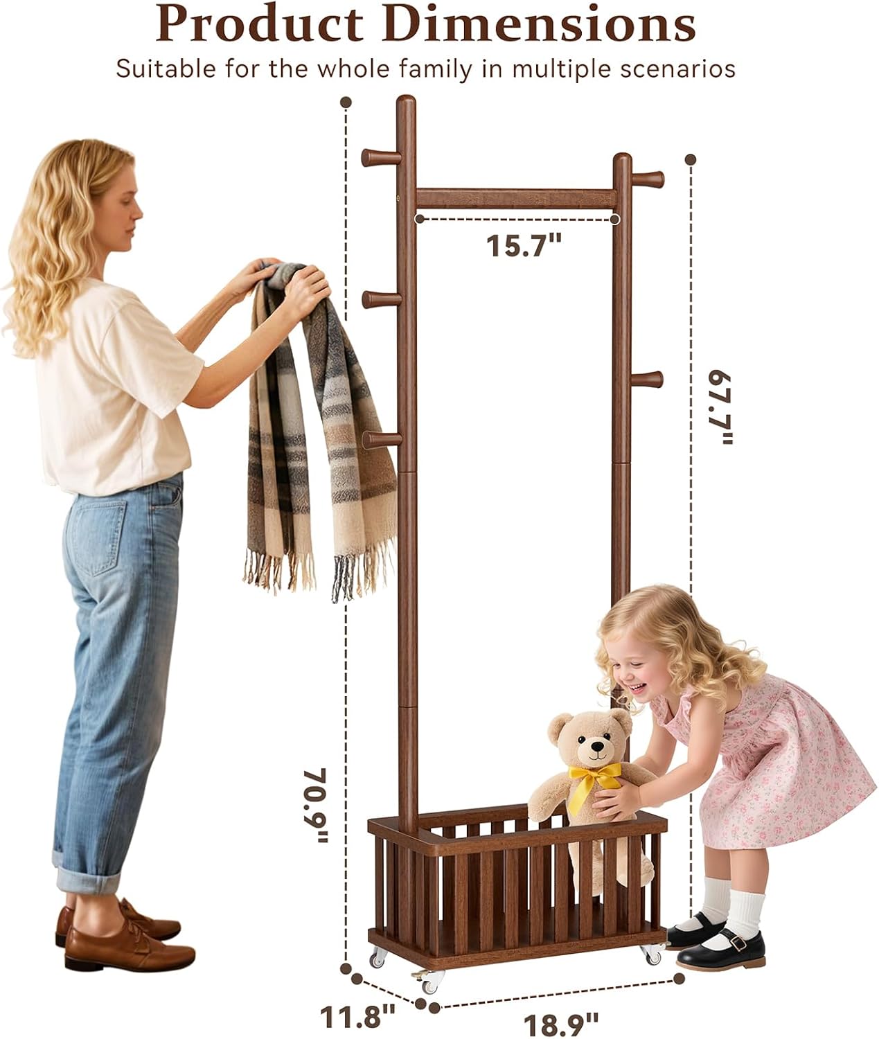 Taitiy Solid Wood Coat Rack Clothes Rack, Coat Rack Freestanding with Storage Basket and 5 Hooks, Heavy Duty Coat Tree for Entryway, Living room, Coat Hanger Stand for Hats, Bags Clothes