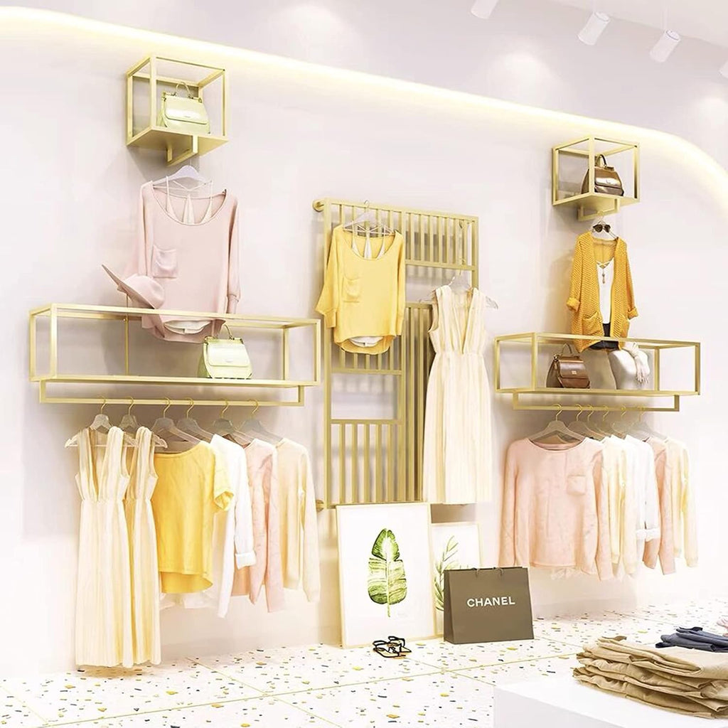 Creative Square Display Garment Racks in Boutique Clothing Stores, Wall-Mounted Hanging Clothes Shelf in Home, Towel Racks for Bathroom Storage Shelves (Gold, 39' L)