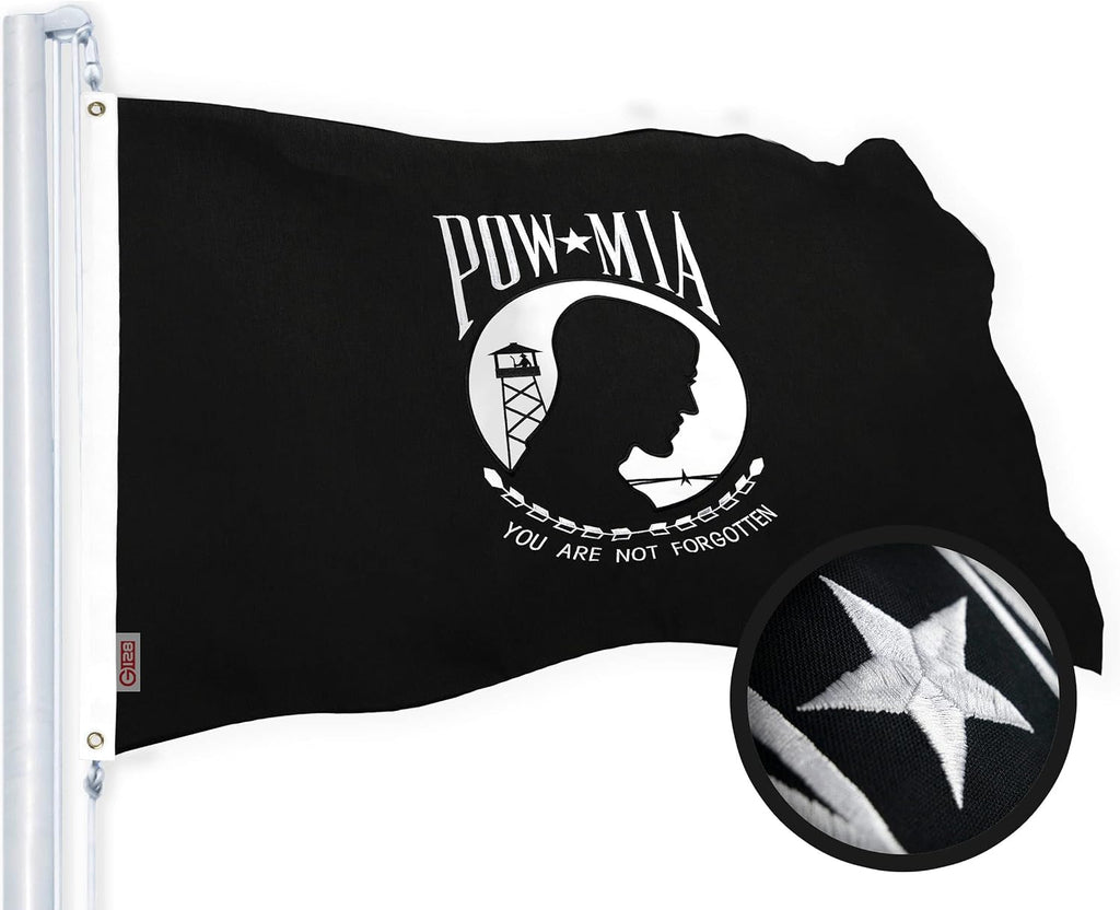 G128 10 Pack: POW MIA Flag | 3x5 Ft | StormFlyer Series Embroidered 220GSM Spun Polyester | Embroidered Design, Indoor/Outdoor, Brass Grommets, Heavy Duty, All Weather